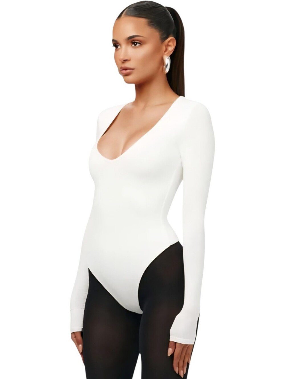 NWT Naked Wardrobe White V-Neck Long Sleeve Bodysuit Size 2X